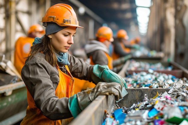 Geconcentreerde werknemer in beschermende uitrusting die afval sorteert in een recyclingfabriek