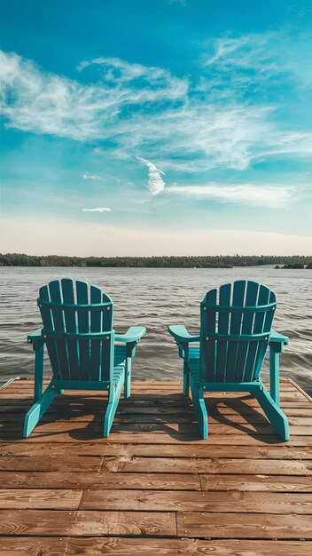 Foto geconfronteerd met de blauwe adirondack stoelen op houten dokken roepen reis vibes vertical mobile wallpaper