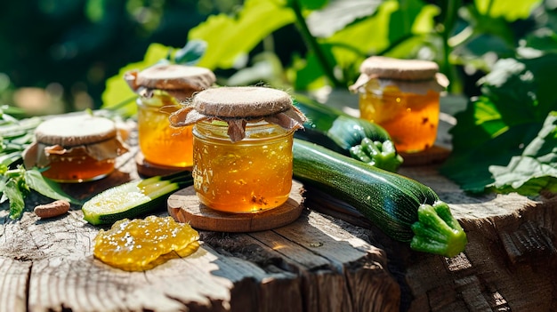 Geconserveerde courgettes in een pot Selectieve focus