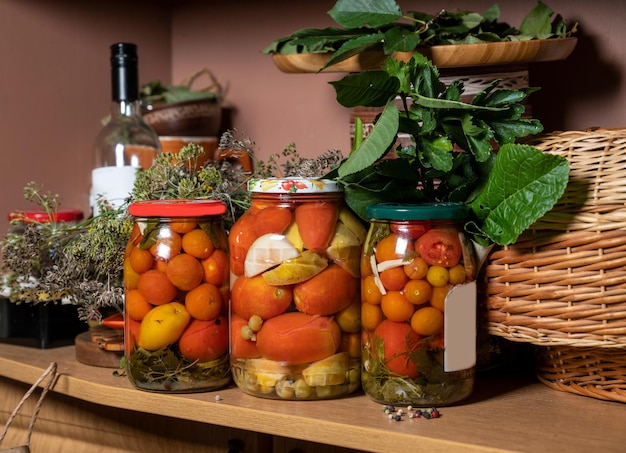 Geconserveerde tomaten in glazen pot Huisgemaakte groenten in het zuur