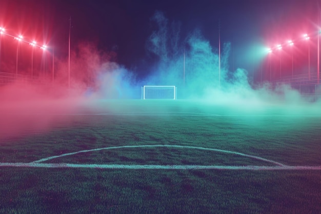 geconstrueerd voetbalveld met neon mist middenveld