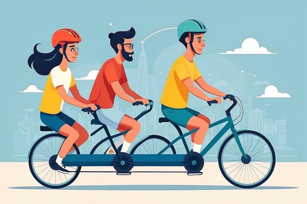 Gecoördineerd reisteam op een tandemfiets met nadruk op evenwicht en coördinatie Flat Style Vector Illustratie