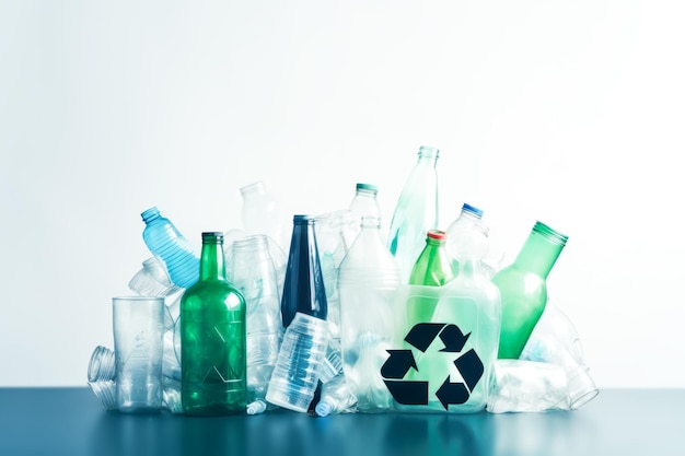 Gecrashte lege gekleurde koolzuurhoudende plastic flessen op witte achtergrond met recyclingbord