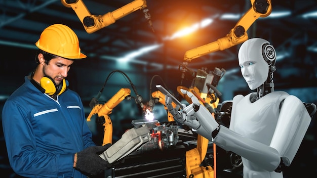 Gecyberde industrierobot en menselijke arbeider werken samen in toekomstige fabriek