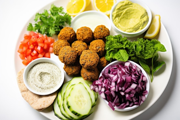 Foto gedeconstrueerde falafel sandwich ingrediënten op een bord