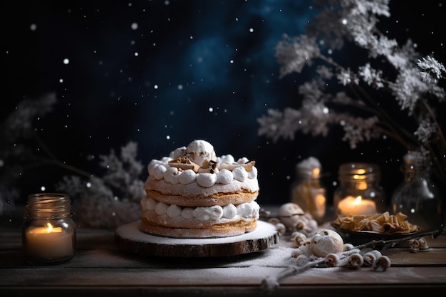 Gedecoreerde cake op een tafel winterstemming Generatieve AI