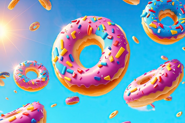 Gedecoreerde donuts in beweging vallen op blauwe achtergrond Zoete en kleurrijke donuts ai generatief