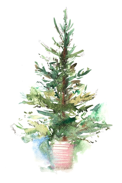 Gedecoreerde kerstboom Nieuwjaar Aquarel illustratie Water kleur tekening.