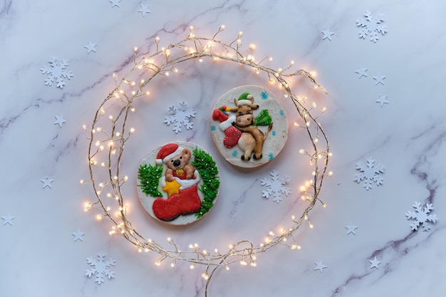 Gedecoreerde ronde peperkoek met verschillende motieven assortiment van smakelijke traditionele kindercadeaus voor Xmas Kerstmis plat lag met feestelijke slinger in cirkel Bovenaanzicht op witte marmeren tafel