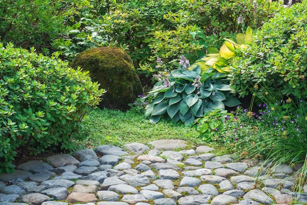 gedeelte van een Japanse tuin een fragment van een geplaveide pad planten en mos rots