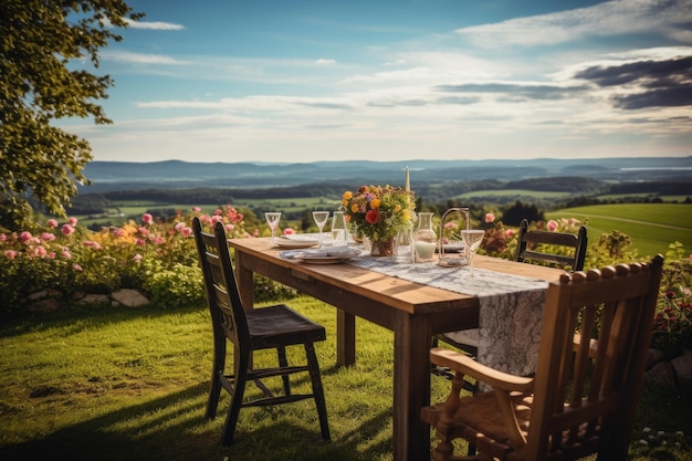Gedekte tafel op buitenterras Romantisch diner met uitzicht op de bergen bij zonsondergang