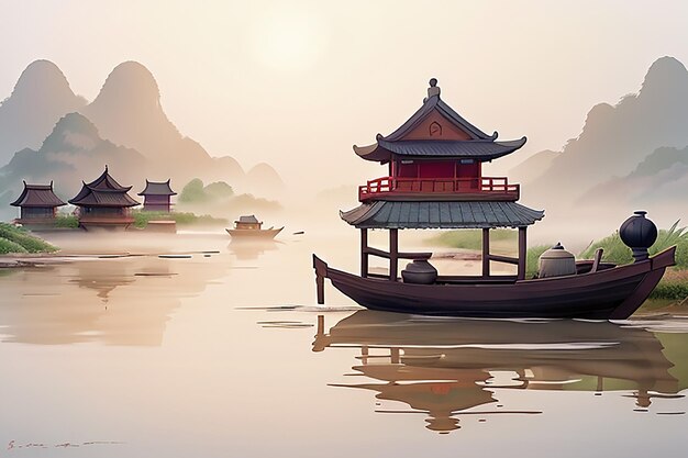 Gedempte Chinese scroll Ninh Binh boot rode zonne mist meerkant Rijspapier textuur perfecte compositie