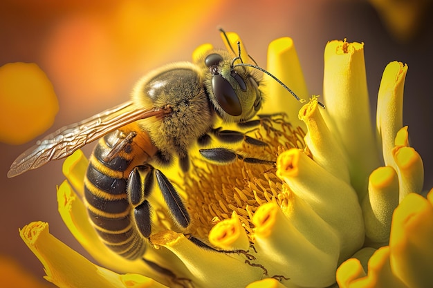 Gedetailleerd beeld van een bij die stuifmeel en nectar verzamelt van een gele bloei met een volle stuifmeelmand