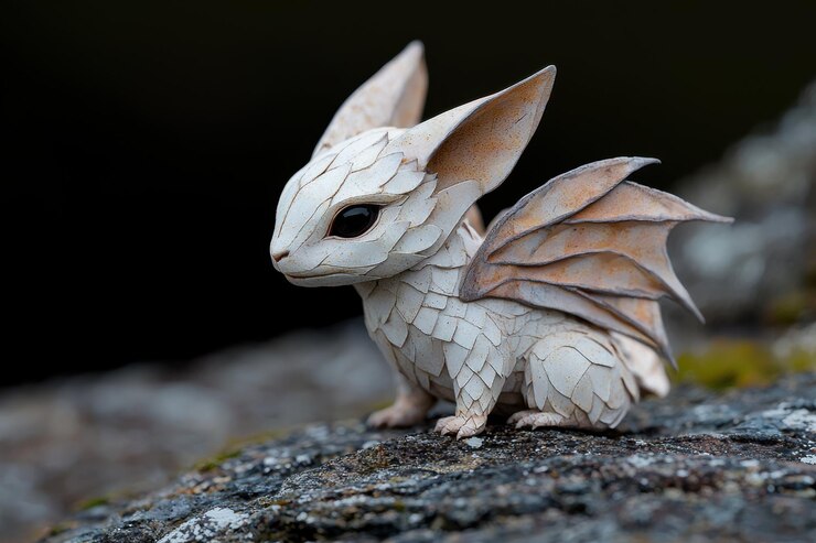 Foto gedetailleerd drakenbeeldje op een rotsachtige oppervlakte