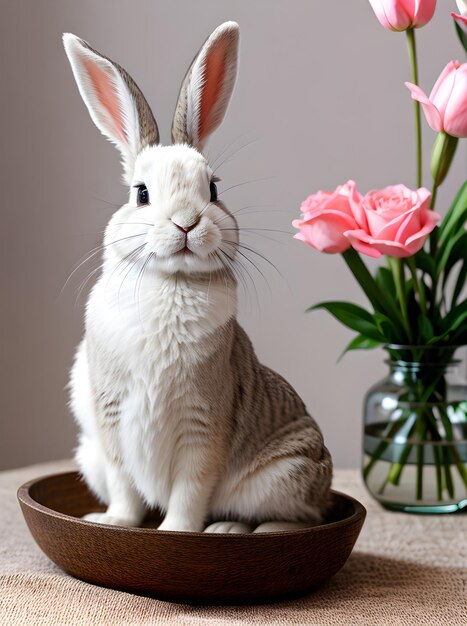 Foto gedetailleerd gezellig paaskonijn met scherpe focus