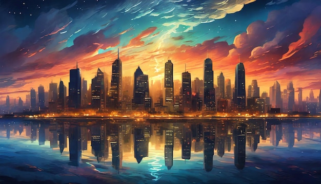 Gedetailleerd olieverf schilderij van stadsbeeld en rivier Gebouw met licht in ramen Dramatische hemel