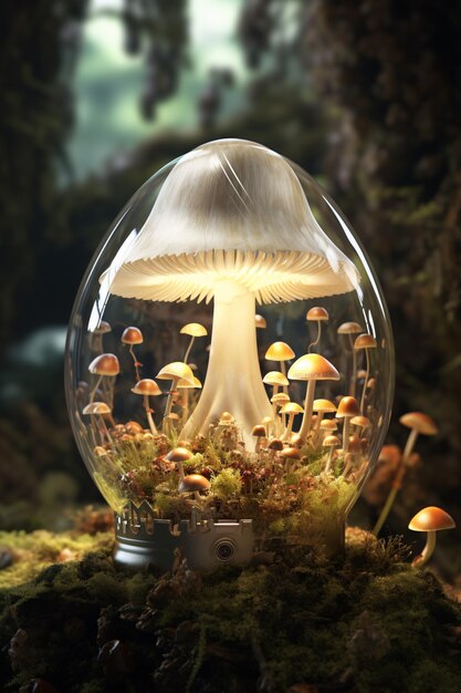Gedetailleerd prototype van paddenstoeldieren en gloeilamp in fantasy