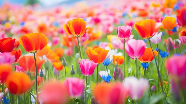 Foto gedetailleerd uitzicht op een levendige bloeiende tulpveld in het voorjaar
