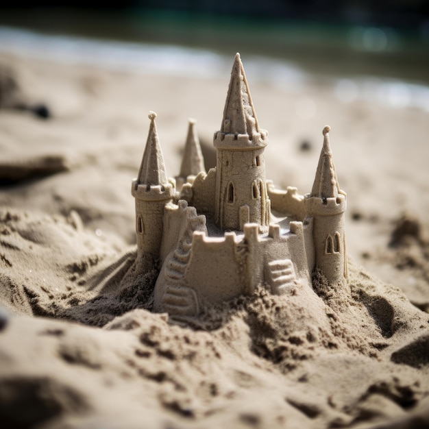 Gedetailleerd zandkasteel op een strand