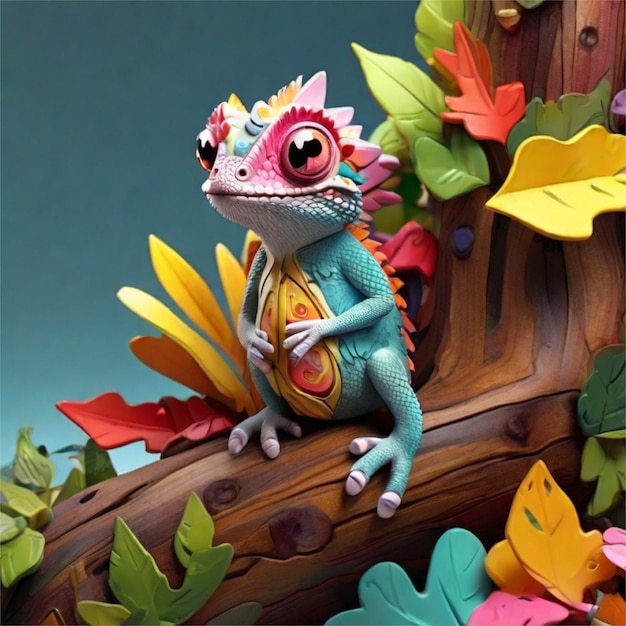 Gedetailleerde 3d-illustratie van een schattige kameleon die dagdroomt