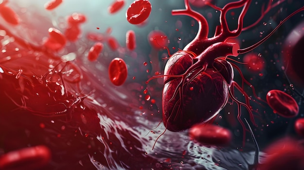 Foto gedetailleerde 3d van het cardiovasculaire netwerk met vloeiende rode bloedcellen