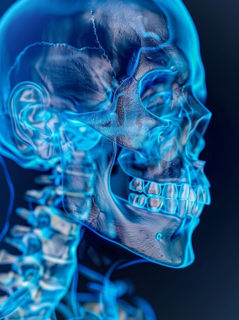 Gedetailleerde 3D-weergave van een menselijke schedel met gemarkeerde structuren