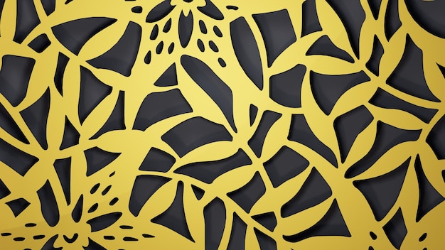 Gedetailleerde bloemen en bladachtergrond gouden en zwarte decoratieve samenvatting, 3d ontwerp