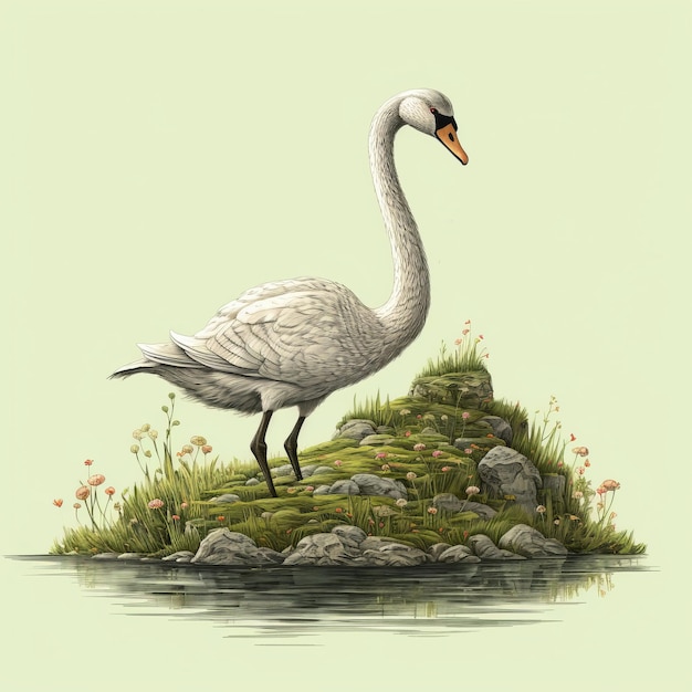Gedetailleerde botanische illustratie van een zwaan op een klein eiland