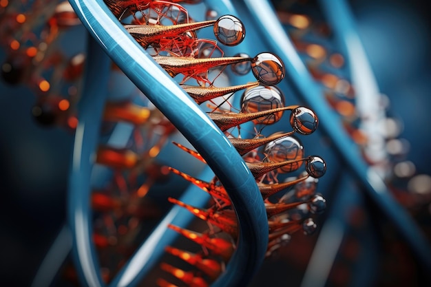 gedetailleerde close-up van een blauwe en rode structuur die de ingewikkelde geometrie en het levendige kleurcontrast benadrukt Een fusie van organische DNA-structuur en abstract technologisch ontwerp AI gegenereerd