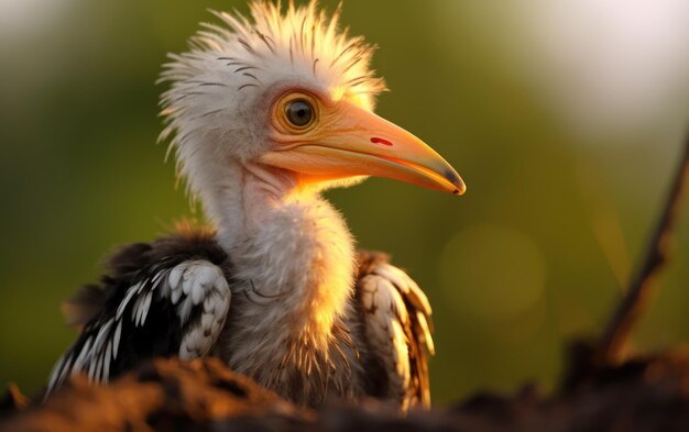 Gedetailleerde close-up van een geel-billed hornbill kuiken