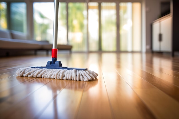Foto gedetailleerde close-up van een mop klaar om elke puinhoop op uw slanke houten vloer aan te pakken