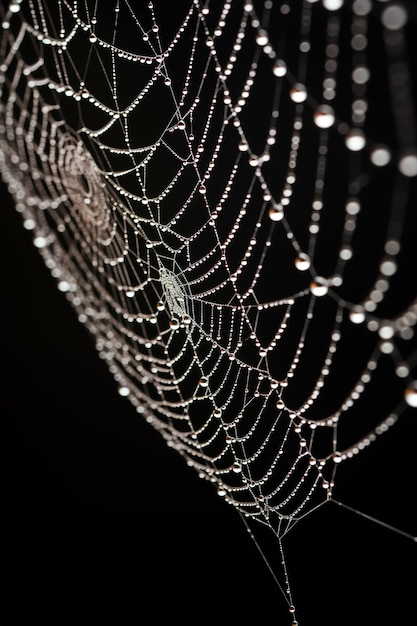 Foto gedetailleerde close-up van een spinnenweb met ochtenddauw tegen een donkere achtergrond