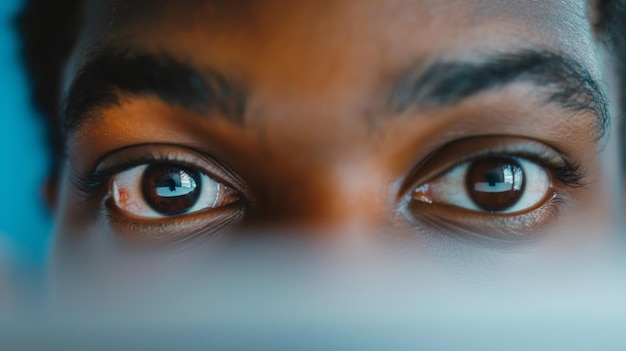 Gedetailleerde close-up van intense ogen die papierwerk in een zakelijk kantoor onderzoeken en richten op analyse en onderzoek, het vastleggen van de ingewikkelde gezichtskenmerken en macro-opnames van wimpers en iris