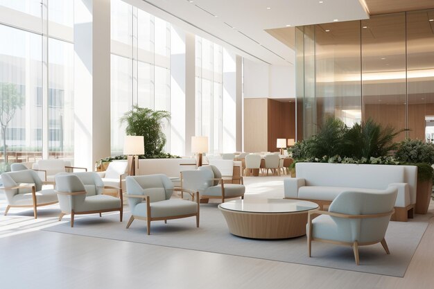 Gedetailleerde interieurfoto's van een moderne ziekenhuislobby met de strakke, comfortabele zitplaatsen