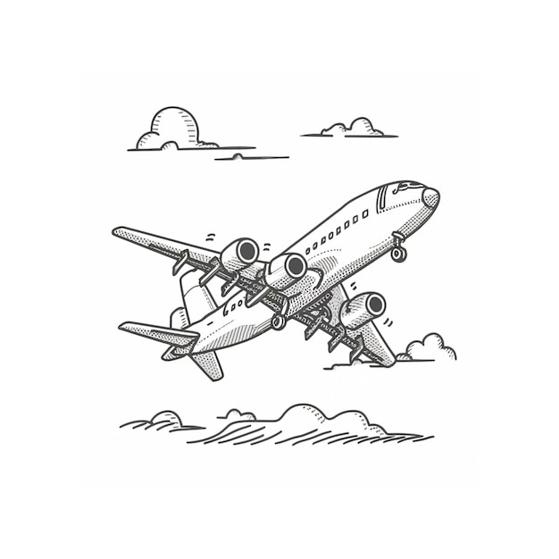 Gedetailleerde LINEART-tekening van een vliegend vliegtuig