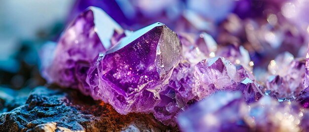 Gedetailleerde macrofotografie van diep paarse amethystkristalclusters met scherpe randen en natuurlijke texturen