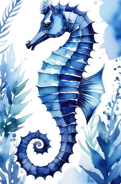 gedetailleerde met de hand getekende aquarel illustratie van een zeepaard in blauwe tonen ocean wildlife