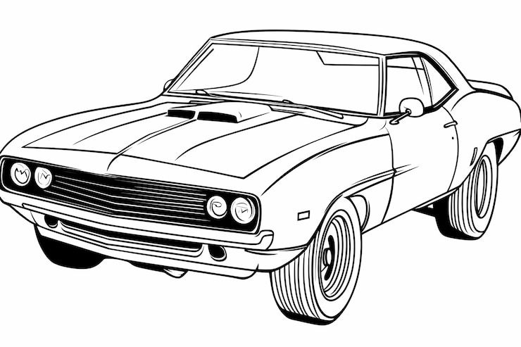 Foto gedetailleerde muscle car kleurpagina voor volwassenen op zoek naar ontspanning en creativiteit
