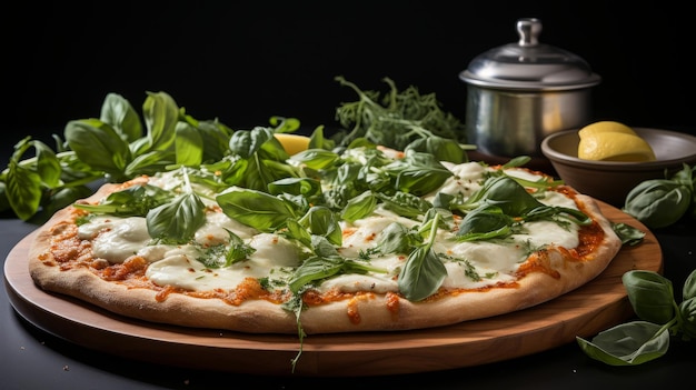 Foto gedetailleerde opname van de geurige basilicumbladeren op een margarita pizza