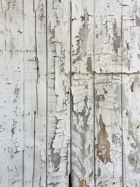 Gedetailleerde opname van een beschadigd wit houten oppervlak met schilferende verf en zichtbare houtkorrels