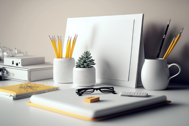 Gedetailleerde opname van een bureau met briefpapier Witte tafel met versieringen en kopieerruimte