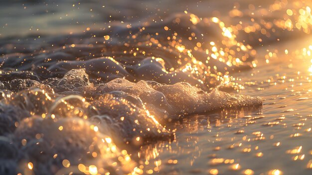 Gedetailleerde opname van glinsterende zeegolven in de ochtend zonlicht strand verlicht door bokeh zonsondergang gloed