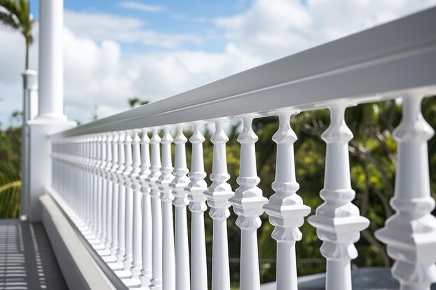 Foto gedetailleerde opname van witte leuningen op een veranda