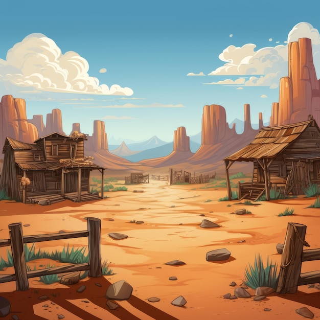 Gedetailleerde Penseelwerk Illustratie Van Westerse Nederzetting In De Woestijn