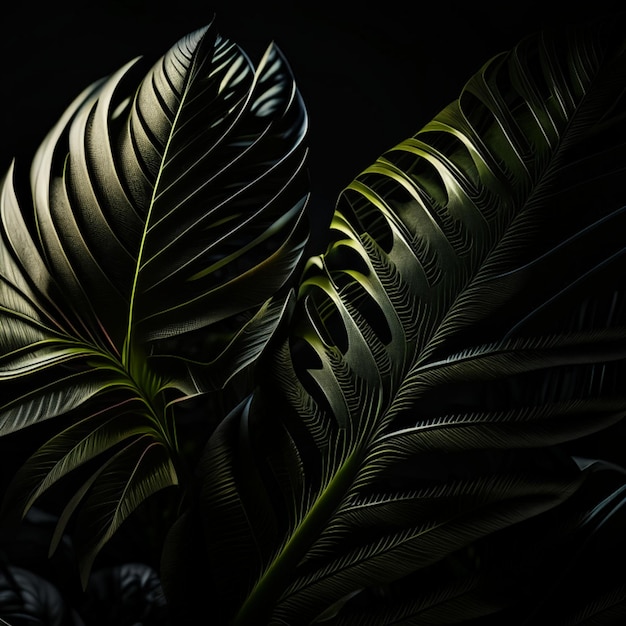 Gedetailleerde realistische tropische bladeren onder een schijnwerper in een donkere kamer op zwarte achtergrond