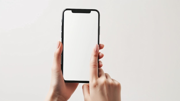 Gedetailleerde studio-opname van de hand van een vrouw die een strak frameloos smartphone-model vasthoudt met een wit scherm tegen een witte achtergrond