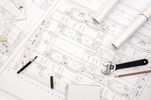 Gedetailleerde technische tekening op papier - close-up