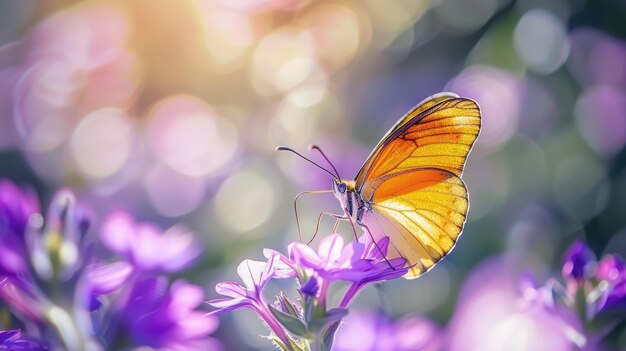 Gedetailleerde vlinder paarse bloei natuurlijke zij licht bokeh achtergrond