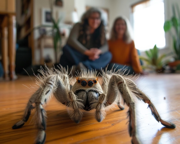 Foto gedetailleerde weergave van een spin die op een houten vloer kruipt generatieve ai