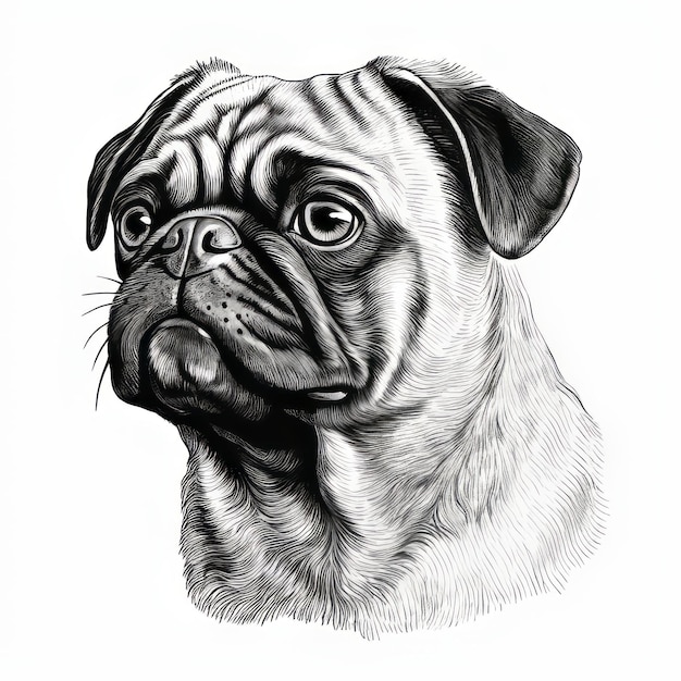 Gedetailleerde zwart-wit gravure van een Pug-portret